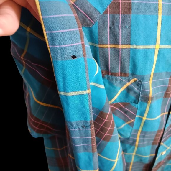 Vintage Mens Western Shirt XL Trashed Wrangler Plaid Snap 17.5x36 Long Tail 90s - Picture 5 of 8